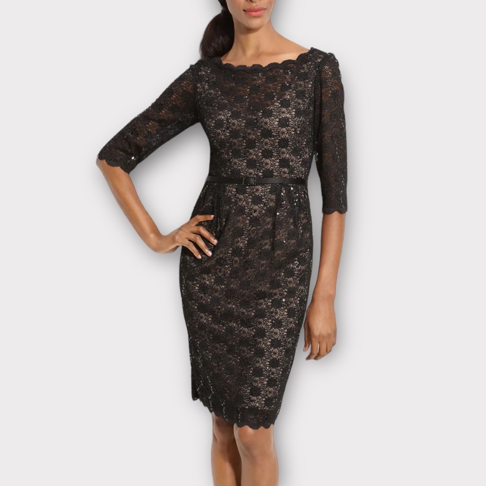 Alex Evenings Black Sheath Dress with Bateau Neckline